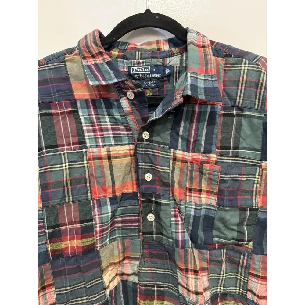 Polo Ralph Lauren Patchwork Madras Shirt Men Large Clarence Sport Vintage